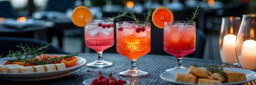 Tavolo elegante con cocktail analcolici colorati, agrumi ed erbe aromatiche per un aperitivo all’aperto Tavolo elegante con cocktail analcolici colorati, agrumi ed erbe aromatiche per un aperitivo all’aperto