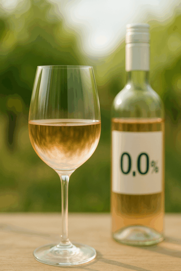 Calice di vino rosé senza alcol con bottiglia 0.0% in vigneto, simbolo del vino senza alcol che sa di vino