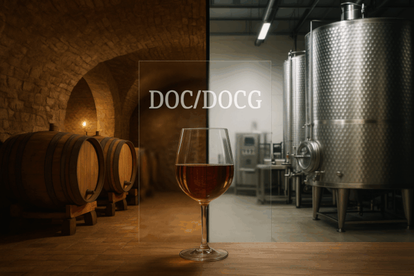 Tradizione e innovazione nel vino italiano: bottaia storica e cantina moderna separate dal vetro con scritta DOC/DOCG