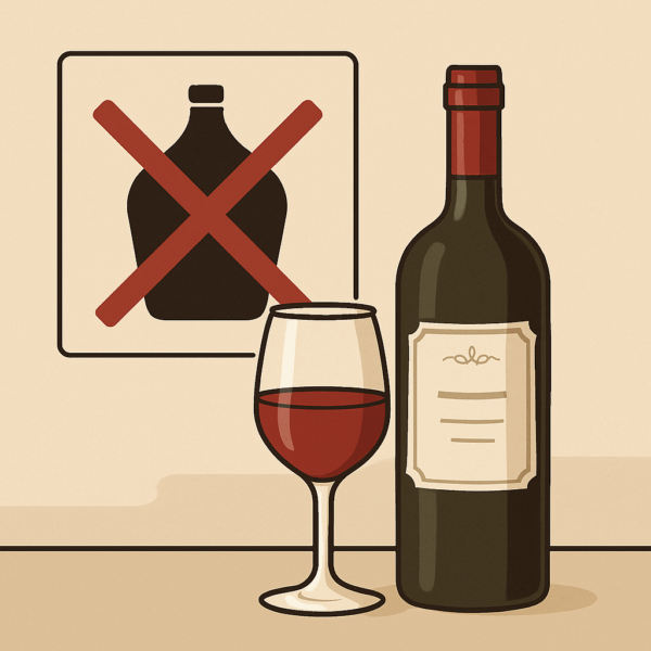 Illustrazione stilizzata con damigiana barrata in rosso, bicchiere di vino rosso semipieno e bottiglia elegante in primo piano. Un messaggio visivo sul bere meno e bere meglio.