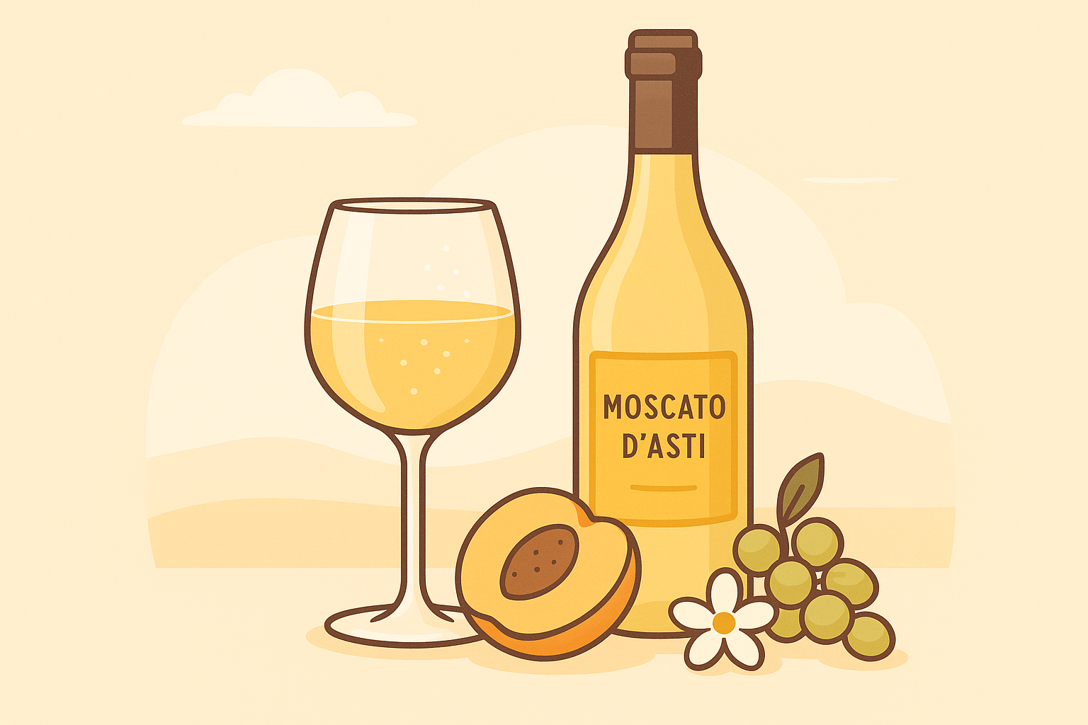 alt=Illustrazione elegante di una bottiglia di Moscato d’Asti con etichetta raffinata, calice di vino dorato semipieno e frutta estiva fresca pesca, uva bianca e fiore d’arancio. Un’immagine che evoca dolcezza, leggerezza e piacere estivo. 