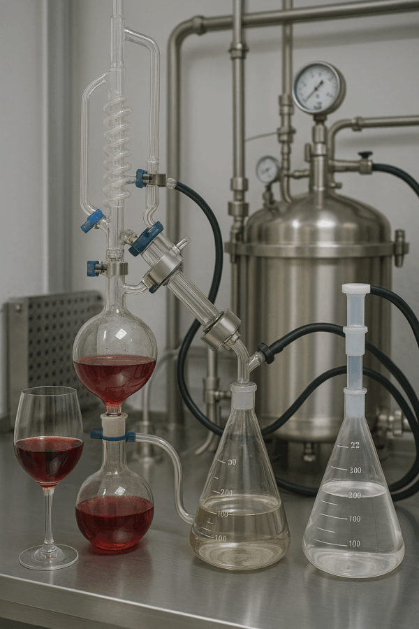 Attrezzatura da laboratorio industriale per la dealcolazione del vino: distillatori in vetro, filtri e serbatoio in acciaio per la produzione di vino senza alcol