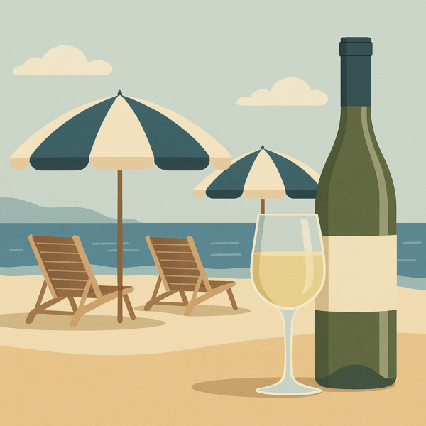 Illustrazione stilizzata di una spiaggia estiva con ombrelloni a righe, sdraio vuote e una bottiglia di vino bianco con calice semipieno in primo piano. Atmosfera rilassata, perfetta per un vino fresco e leggero da bere in riva al mare.