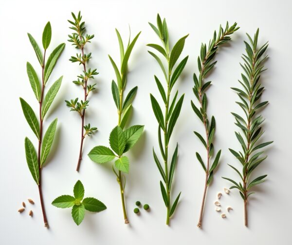 Composizione visiva (flat lay) delle 7 botaniche usate: bacche di ginepro, foglie di menta, rametti di rosmarino, semi di anice verde, coriandolo, cardamomo e finocchio selvatico. Tutti disposti su un piano chiaro, con luce naturale.