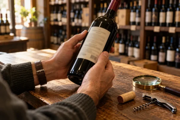 Mani che leggono la retroetichetta di una bottiglia di vino con una lente d'ingrandimento