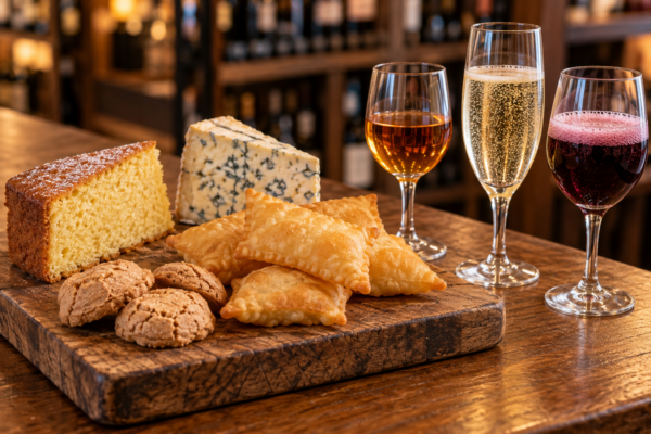 Vini dolci, passito, spumante e Lambrusco abbinati a torta, formaggio erborinato e gnocco fritto