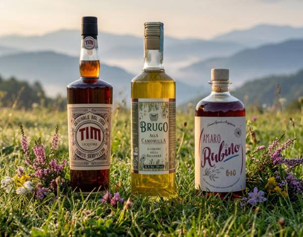 Tre liquori artigianali — TIM, Brugo alla Camomilla e Amaro Rubino — in un prato prealpino tra fiori ed erica selvatica, all'alba.