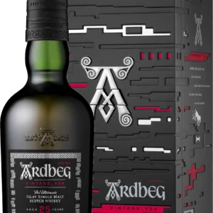 Ardbeg Vintage Y2K 25 anni, bottiglia e astuccio rosso e nero, single malt Scotch whisky di Islay
