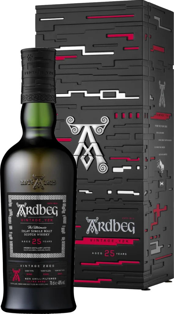 Ardbeg Vintage Y2K 25 anni, bottiglia e astuccio rosso e nero, single malt Scotch whisky di Islay